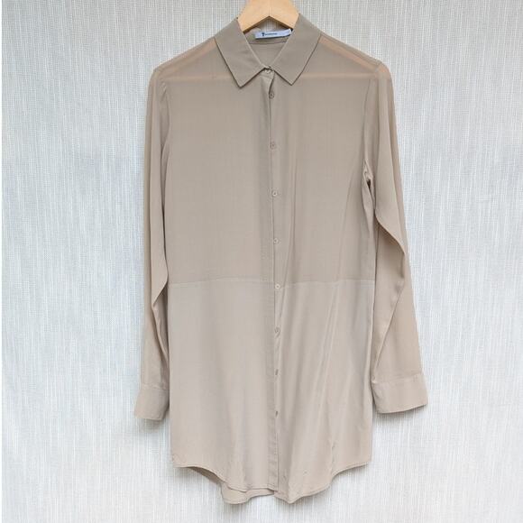 T ALEXANDER WANG 100% Silk Tan Long Sleeve Button Down Mini Shirt Dress, size S - Picture 1 of 6